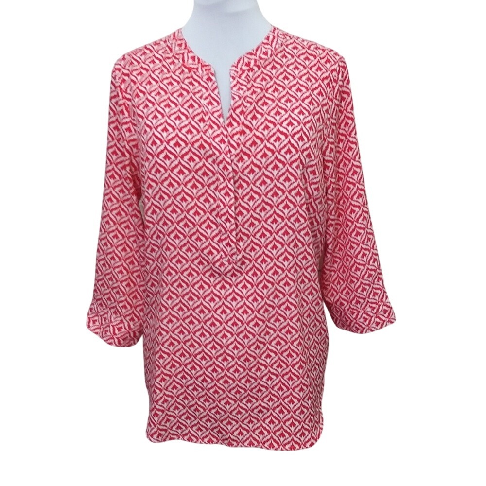 S/I Studio Red White‎ Geometric Ikat Split V-Neck Tunic Blouse M 9621